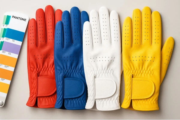 Custom golf gloves in red, blue, white, and yellow next to a Pantone color guide
