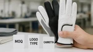 Custom golf gloves displayed with tags showing price factors like Cabretta leather, logo type, and MOQ.