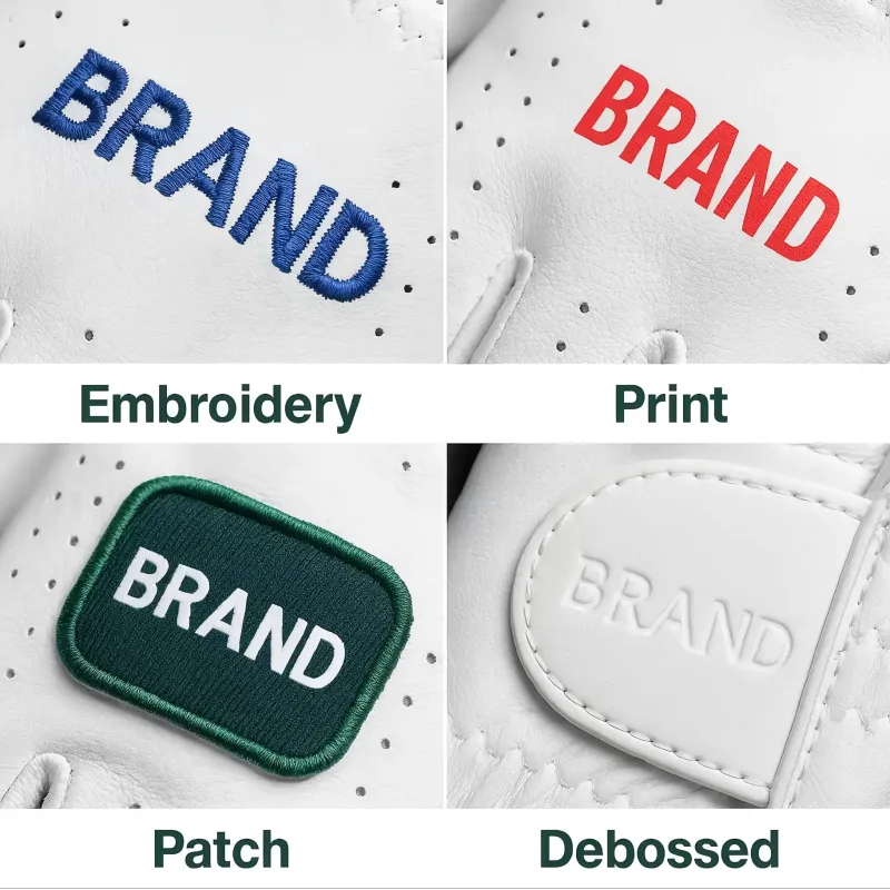 Different logo applications on golf gloves: embroidery, print, patch, and debossed
