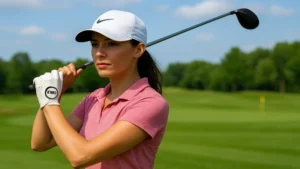Stylish female golfer wearing EWO custom golf glove on a sunny golf course