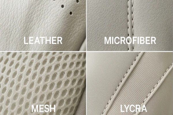 Close-up textures of golf glove materials: leather, microfiber, mesh, and Lycra